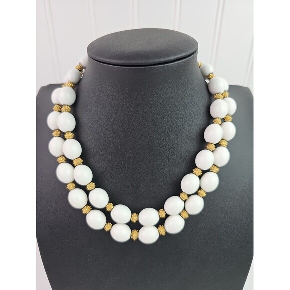 Trifari Jewelry - Vintage Crown Trifari Bead Necklace Gold Tone Bead Spacers Two Strand 13 in